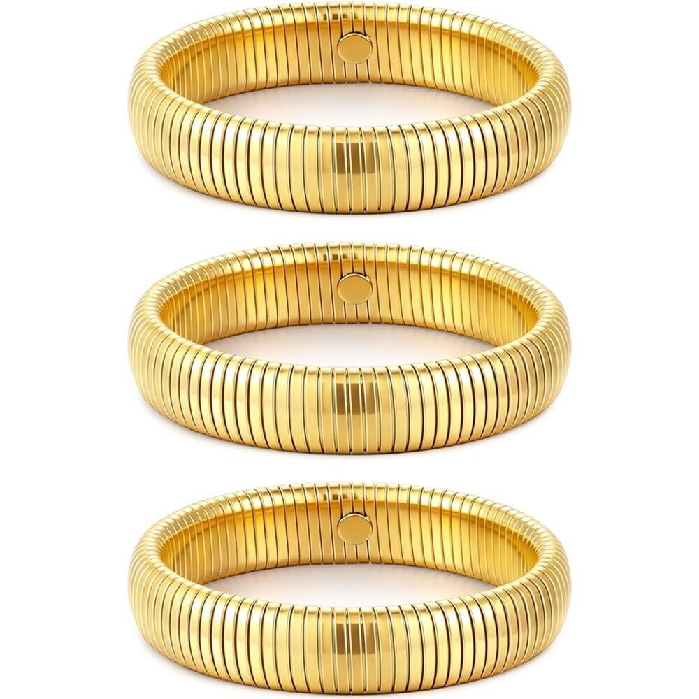 Gold Bangle Set 3 Chunky Stretch 24K Gold 12mm Plated Stainless Steel Wide Stack